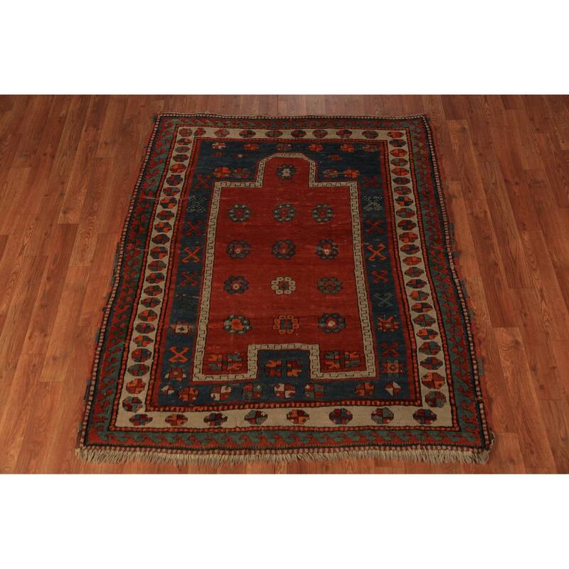 Hand Knotted Oriental 100% Wool Carpet Traditional Geometric Red Kazak Area Rug - 4' 9'' X 4' 0''