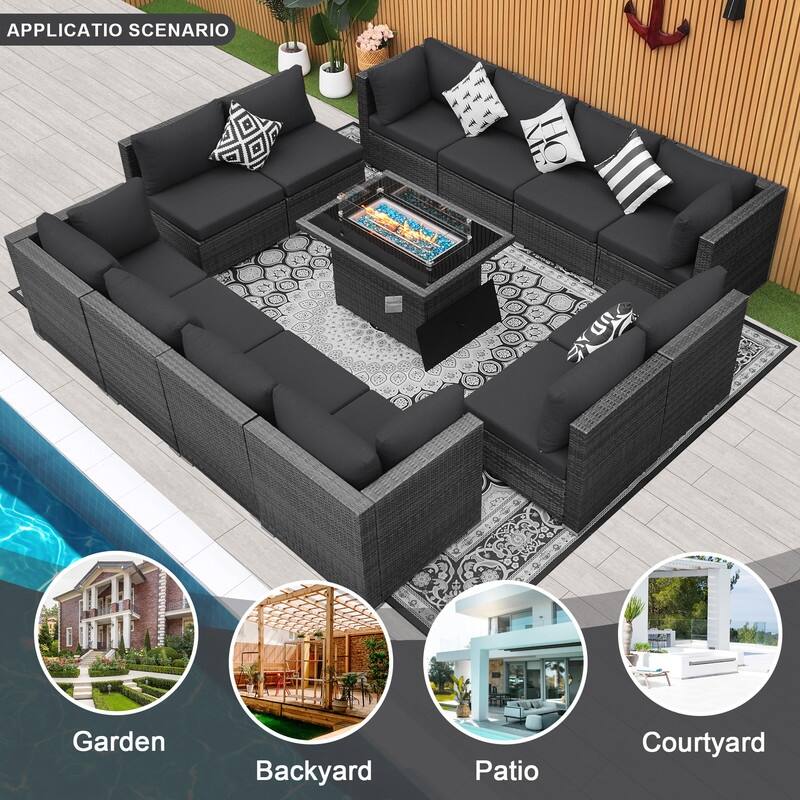 FINCATI Outdoor Grey Wicker Sectional Furniture Patio Sofa Set with Firepit Table