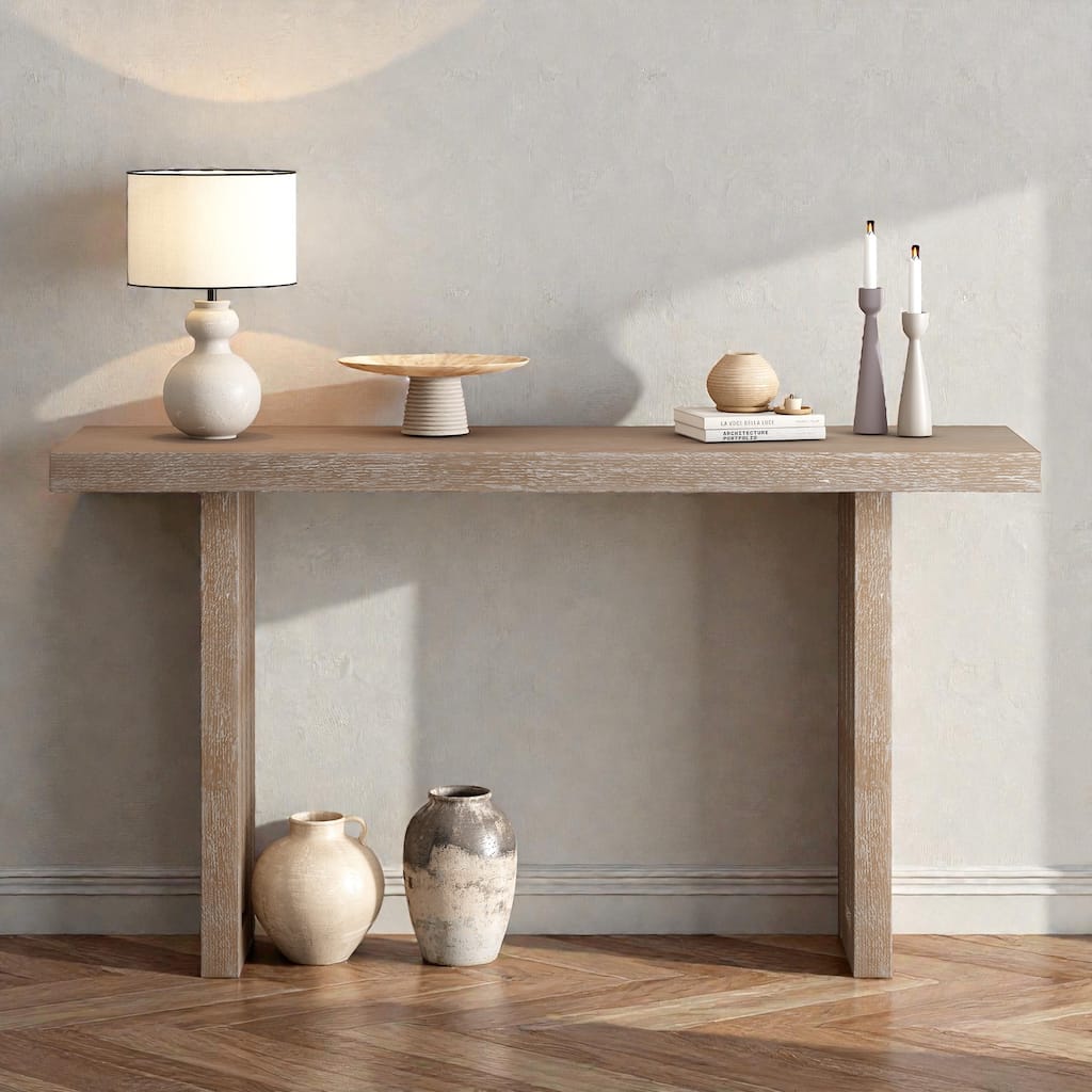 Oak Veneer Console Table with Unique Side Design, Modern Entryway Table for Hallway Living Room
