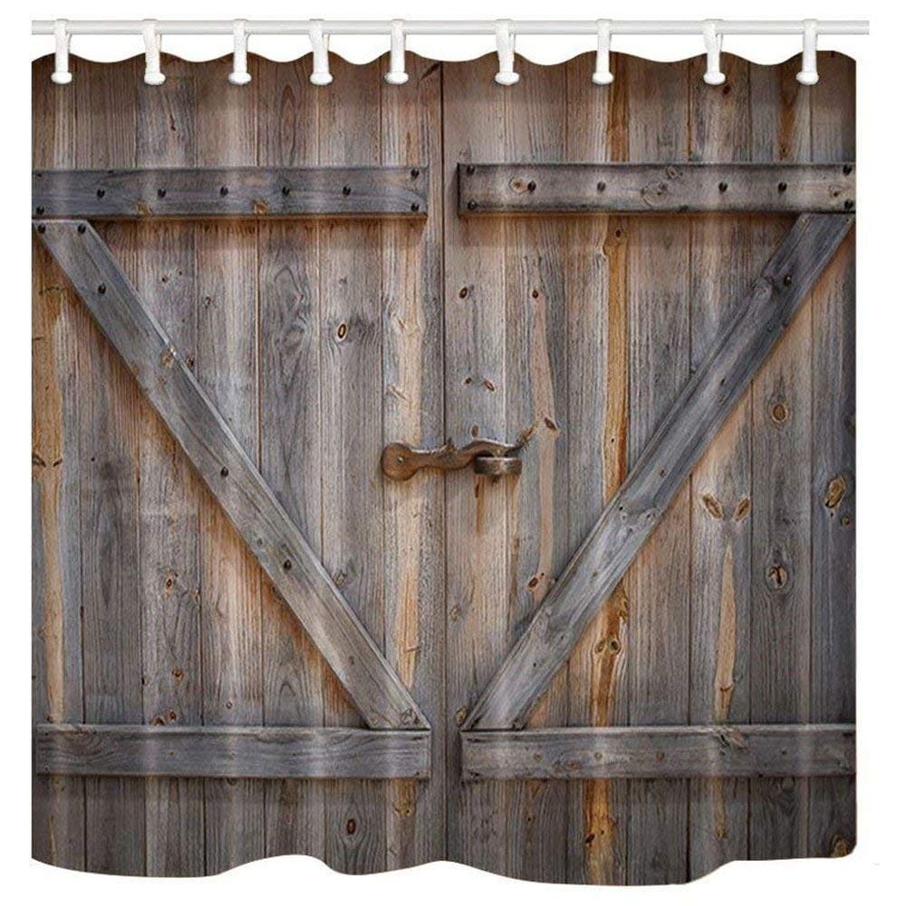 Rustic Wood Barn Door Waterproof Fabric Shower Curtain Bath Accessory Sets 