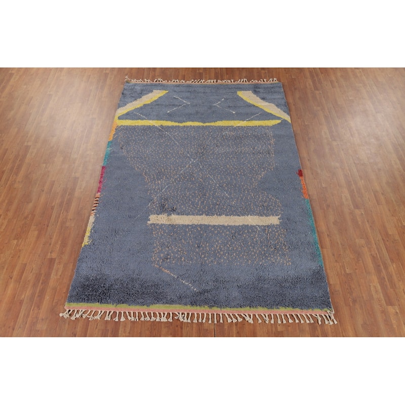 Blue Moroccan Oriental Area Rug Hand-Knotted Wool Carpet - 7'2" x 10'7"