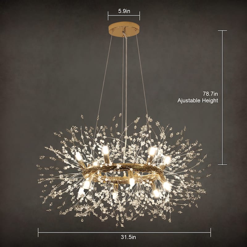 12/20 - Light Modern Glam Sputnik Wagon Wheel Crystal Chandelier for Entryway, Living Room(Bulbs Included)