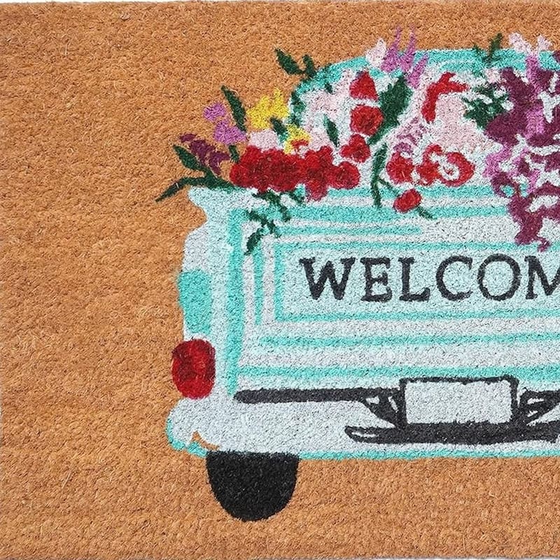 HomeRoots 17" X 29" Brown Aqua And Red Floral Welcome Outdoor Coir Door Mat - 17.00' X '29.00