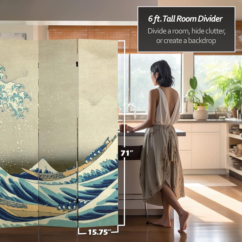 6-foot Tall Double-sided Great Wave and Red Fuji Hokusai Room Divider