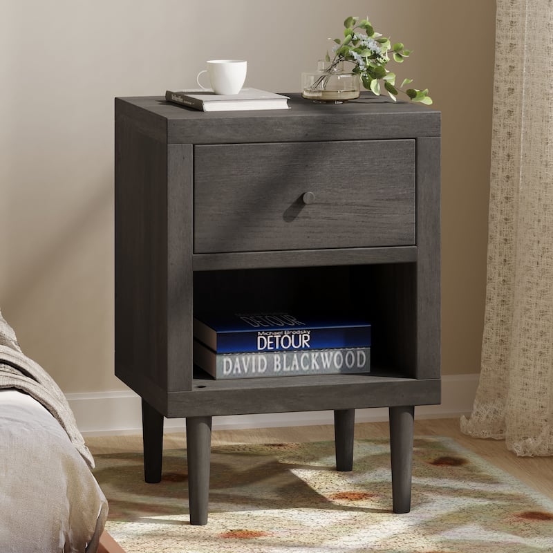 Sleek Gray Nightstand with Mid-Century Flair, Faux Wood Finish