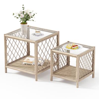Anmytek Accent Nesting Coffee Tables with Rattan Wicker Solid Wood Rustic End Side Table (Set of 2)