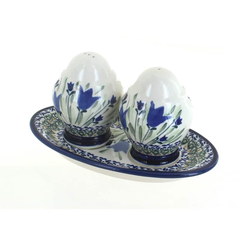 Blue Rose Polish Pottery 1282 Zaklady Salt & Pepper Shakers with Plate - Blue Tulip