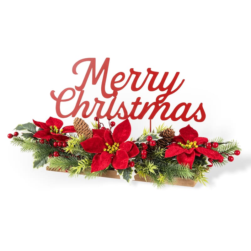 Glitzhome Christmas Red Sleigh Frosted Boot Floral Metal Potted Tree Table Decor