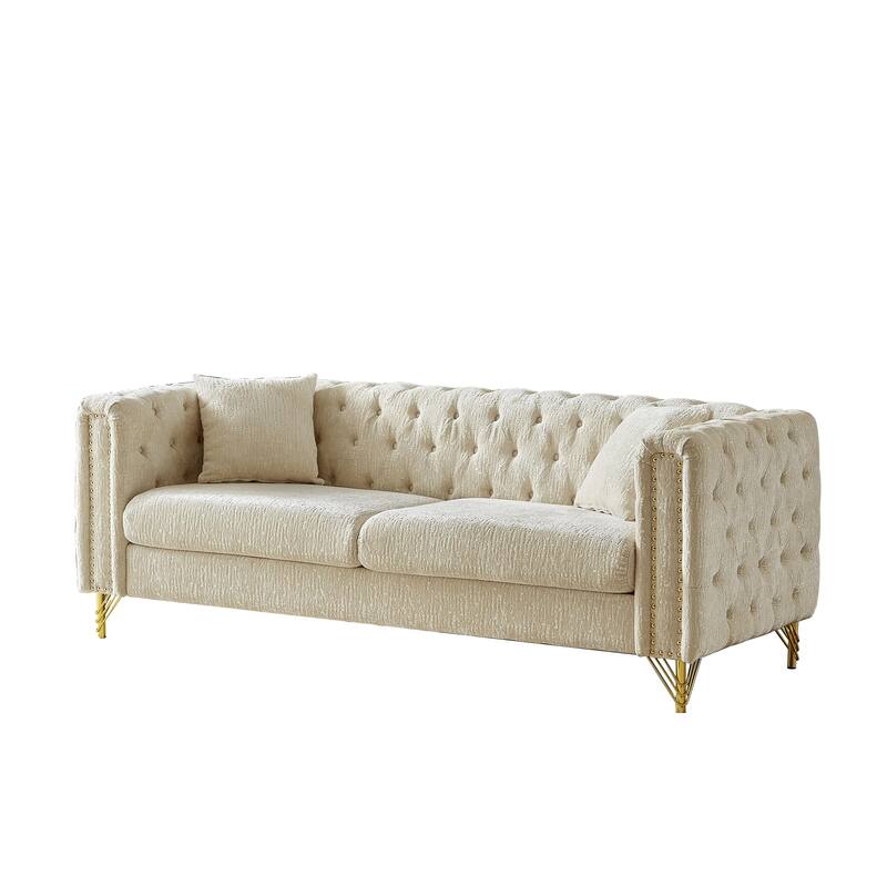 Chesterfield 60-Inch Chenille Sofa with Nailhead Trim and Metal Legs, Classic Button-Tufted Couch