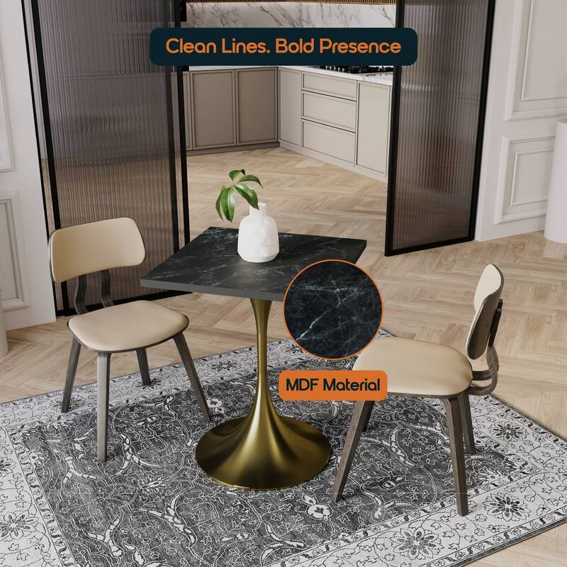 Verve 24 in. Wide Dining Table Square MDF Wood Tabletop in Gold Stainless Steel Pedestal Base Accent Kitchen Table