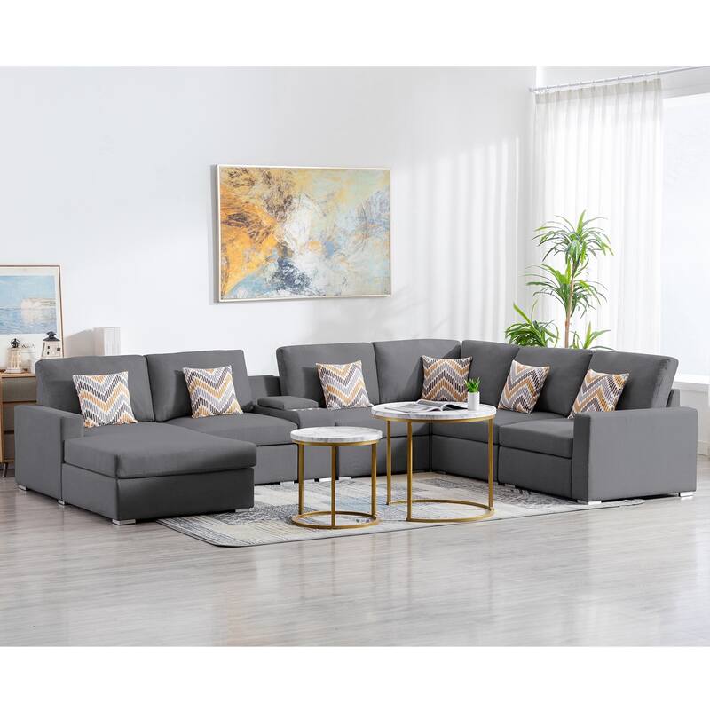 Linen Fabric 7 Piece Reversible Chaise Sectional Sofa with Storage Console Table and 6 Pillows