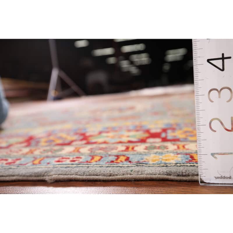 Gray Geometric Kazak Oriental Area Rug Hand-Knotted Wool Carpet - 4'11" x 6'10"
