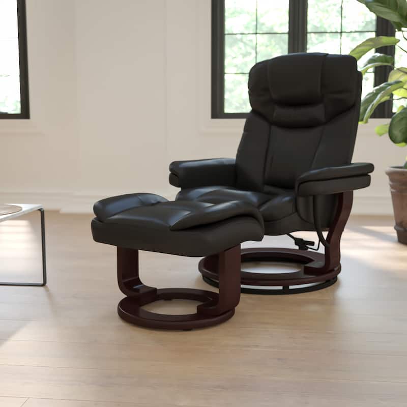 Contemporary Multi-Position Recliner and Curved Ottoman with Swivel Base - Black Faux Leather