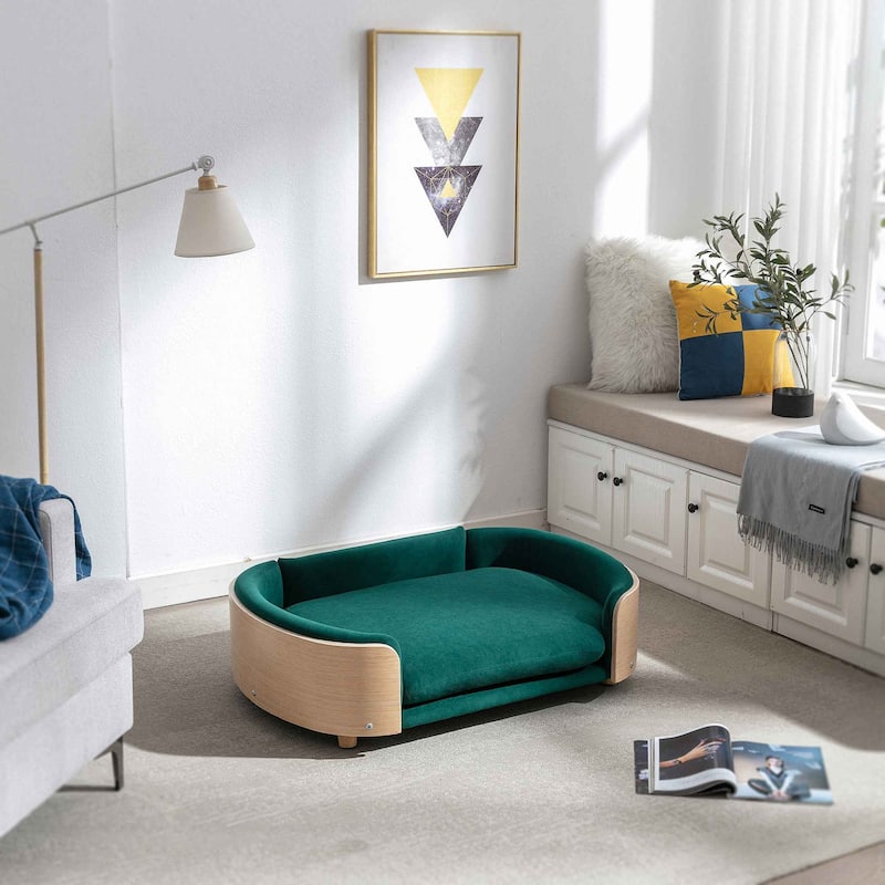 Dog Bed Pet Sofa With Solid Wood legs and Bent Wood Back, Velvet Cushion, Large Size - Green