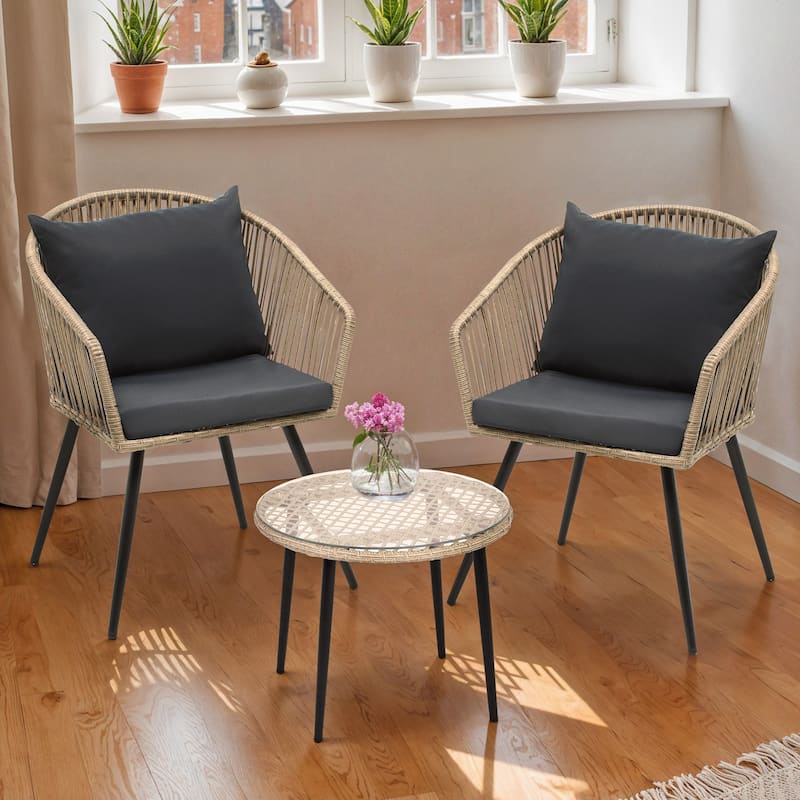 3-Piece Patio Furniture Wicker Bistro Set with Cushions - 20"L x 23.6"W x 32"H