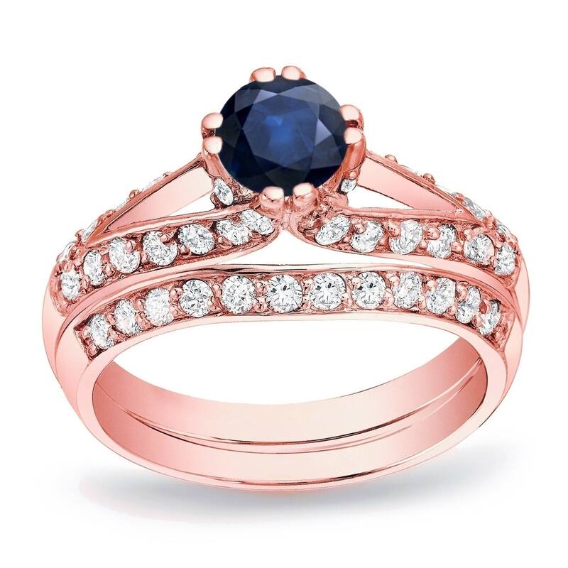 Auriya 14k Gold 1/2ct Blue Sapphire and 3/4ctw Diamond Engagement Ring Set - Rose - 4