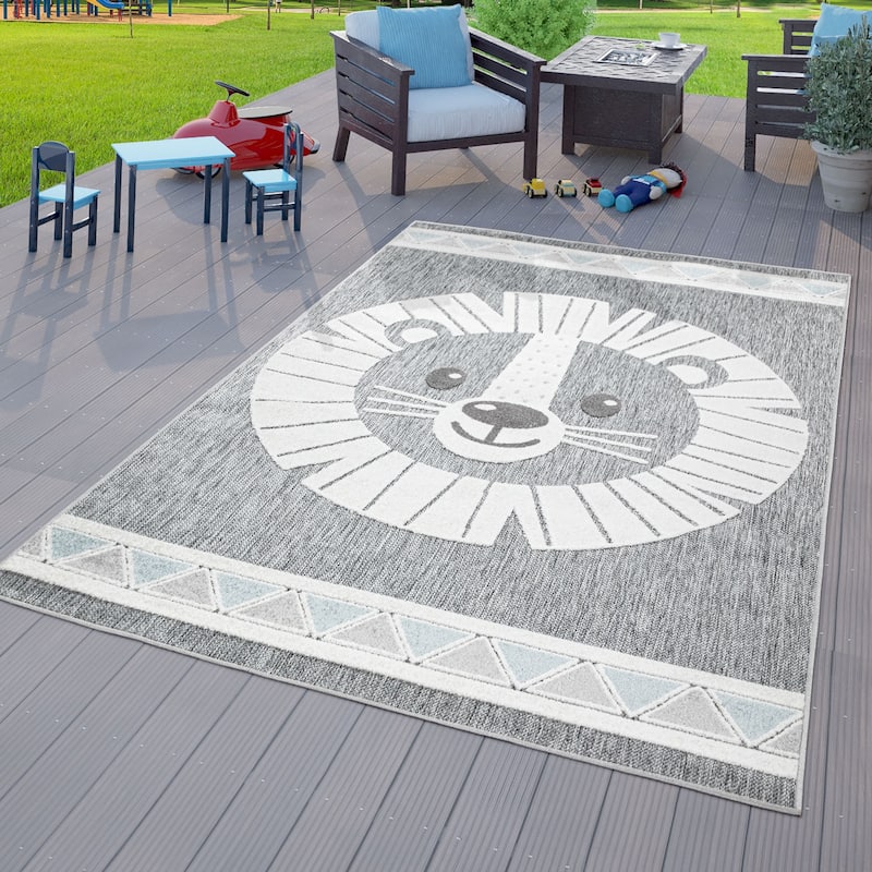Kids Rug Happy Lion Motif Play-Mat with Contour Cut - grey - 6'7" x 9'2"