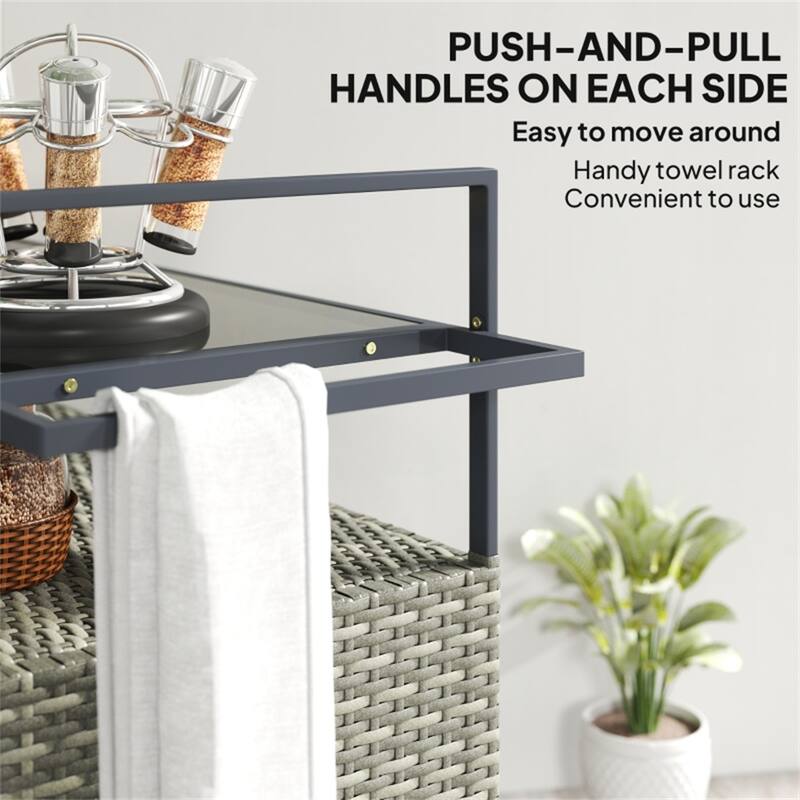 Outdoor Bar Cart PE Rattan Steel Tempered Glass Rolling Beverage Serving Cart with Storage - 51.25" W x 19.75" D x 35.5" H