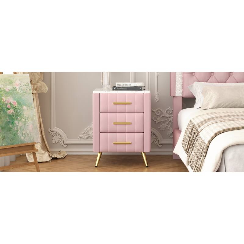 Upholstered Wooden Nightstand with 3 Drawers and Metal Legs Handles, Bedside Table with Marbling Stickers Worktop
