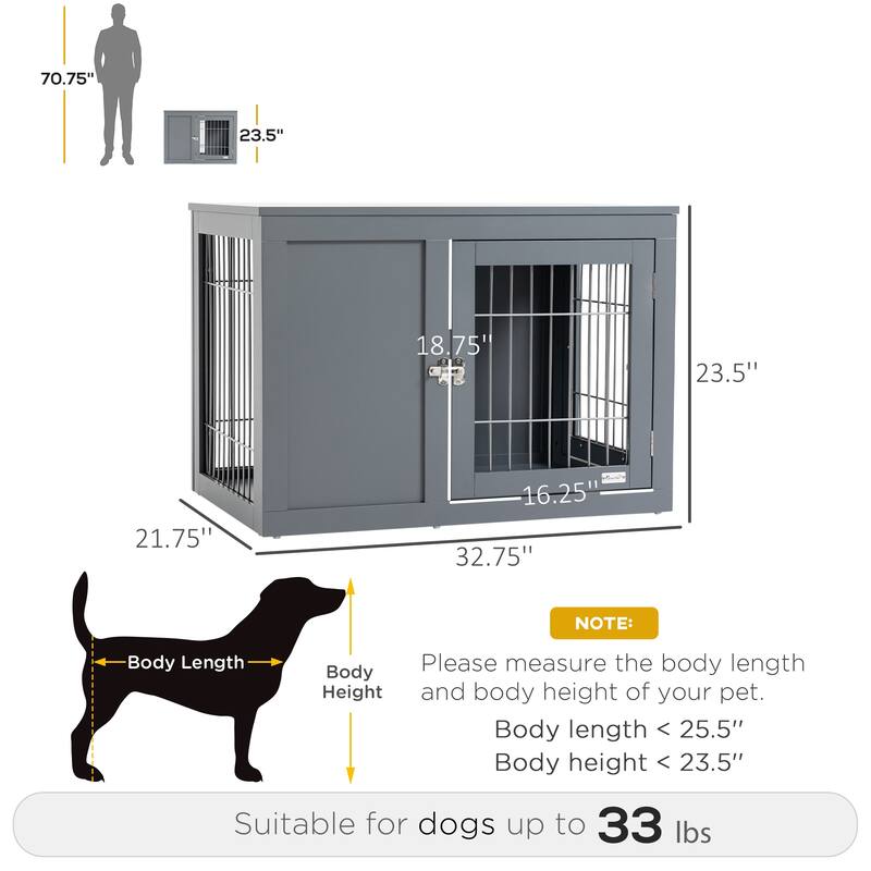 PawHut Dog Crate Furniture Wire Indoor Pet Kennel Cage, End Table with Double Doors, Locks for Small and Medium Dog House, Grey