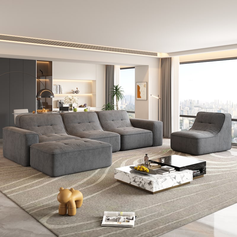 GDFStudio - Modern 143.7" Tufted Chenille Upholstered Modular Sectional Sofa Set with Removable Ottoman & Ergonomic Design