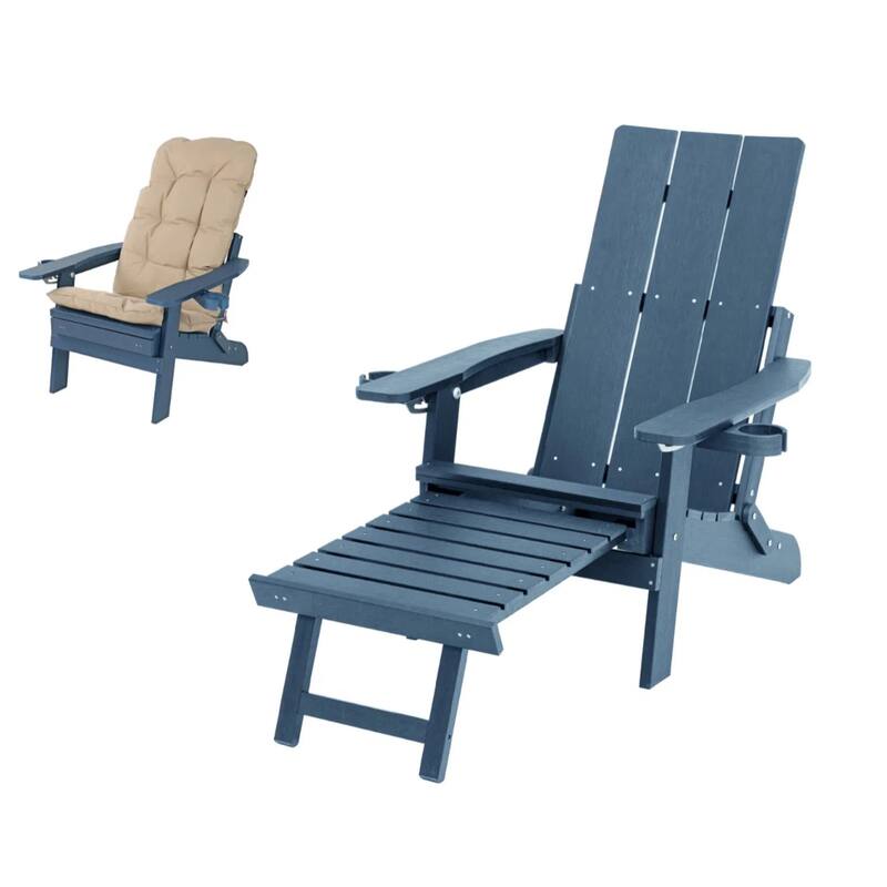 Fortune Candy Poly Lumber Folding Adirondack Chair with Cup Holders, Ottoman and Cushion, Adjustable Backrest, HIPS Material - Navy Blue
