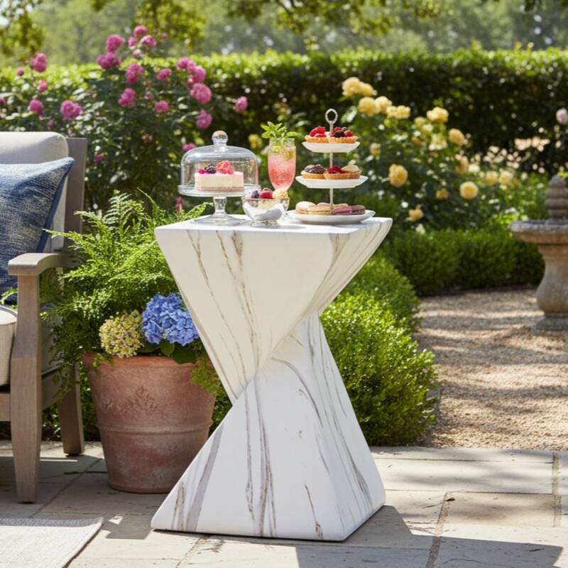 Christopher Knight Home - Modern Indoor/Outdoor 18.5"H Geometric Faux Marble MgO Accent Side Table with Sculptural Fluted Design - White Faux Marble