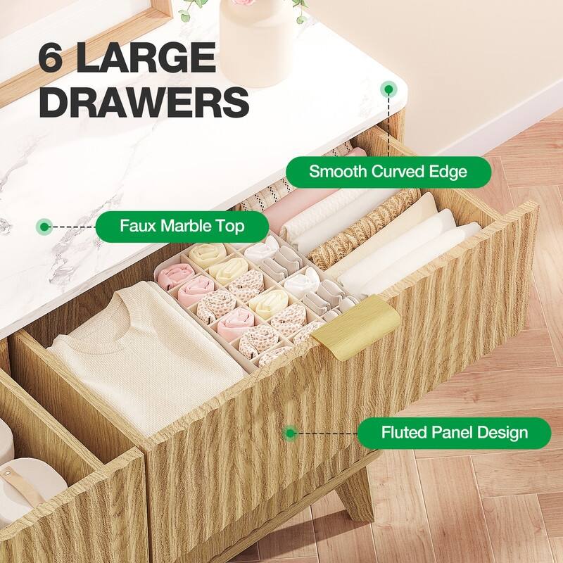 47" Wooden Buffet Cabinet With Faux Marble Top & Fluted Chest Of Drawers With Curved Edges