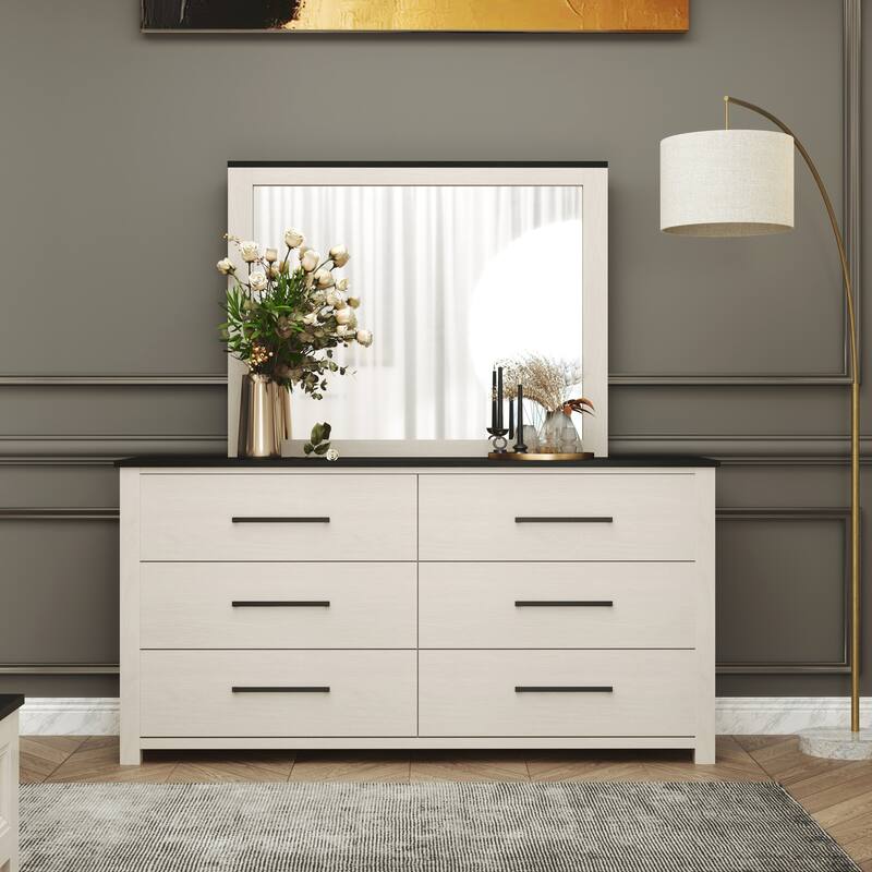 Roundhill Furniture Realynn 5-Piece Wood Bedroom Set, Panel Bed with Dresser, Mirror, Chest, and Nightstand, Off-White Finish