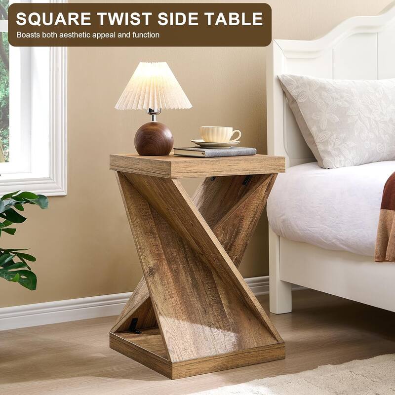 16" Modern Nightstand, Twisted Side Table, Square Rustic End Table