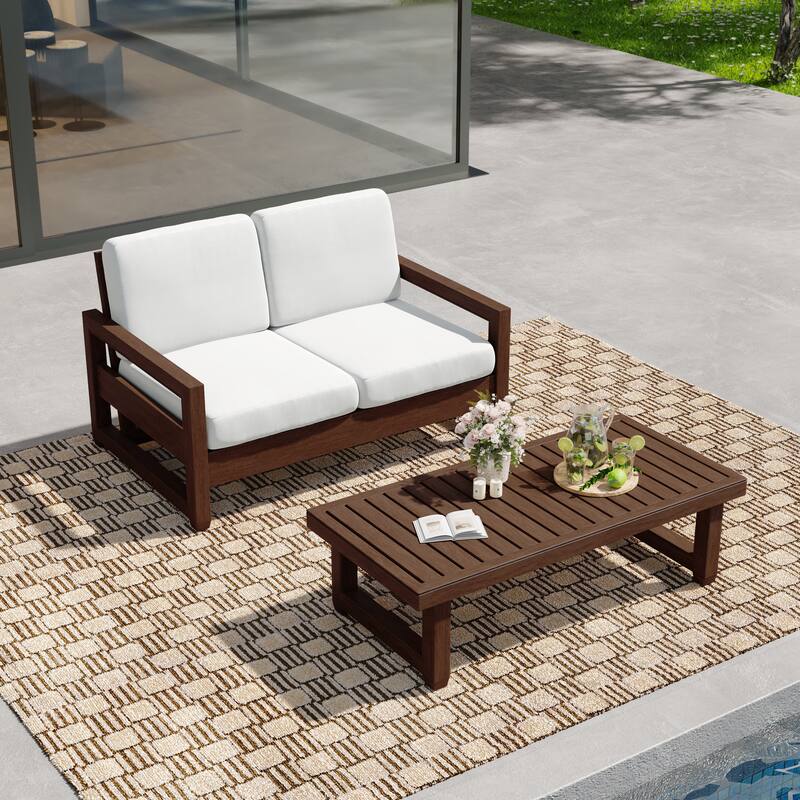 Outdoor Patio Loveseat Table Set Teak Wood with Cushion