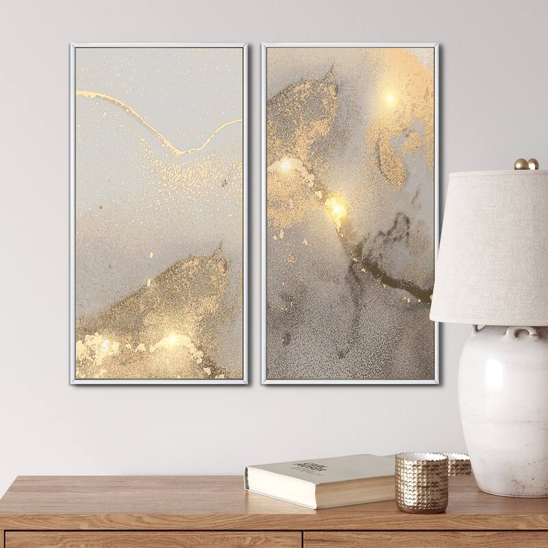 Designart "Grey & Gold Marble Liquid Art II" Abstract Framed Art Set of 2 Pieces