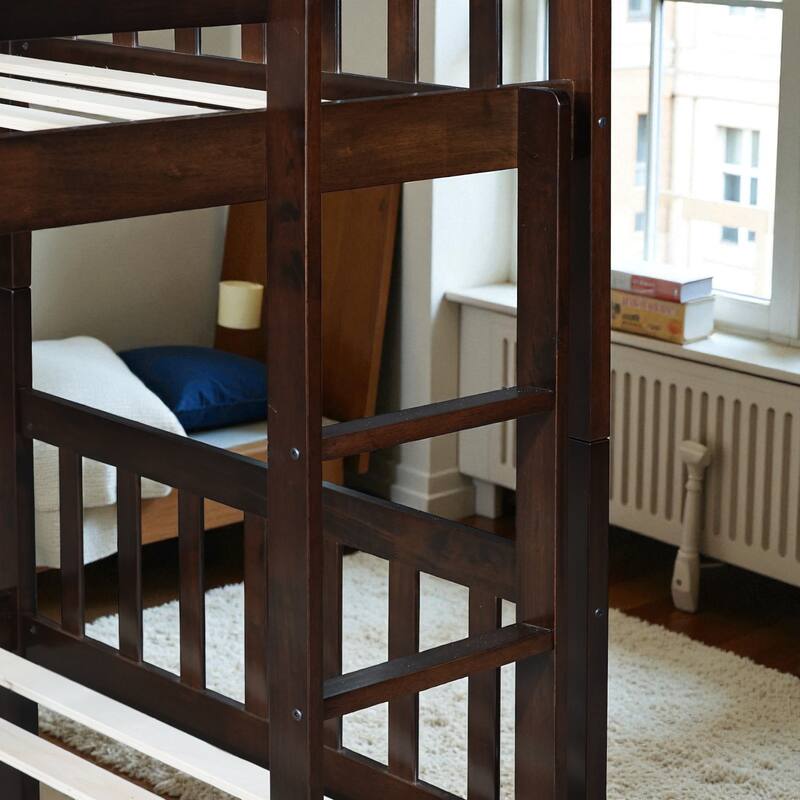 Twin Over Twin Rubber Wood Bunk Bed with Trundle, Convertible into Twin Beds, Ladder and Safety Guardrails