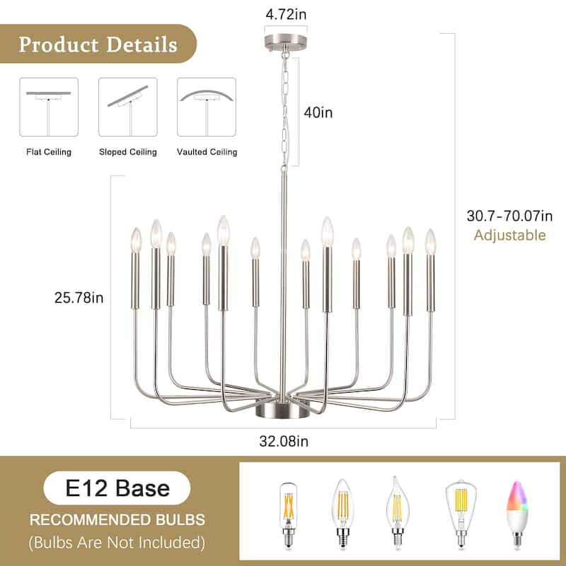 12-Light W32.08" x H70.07" Rustic Candle Chandelier for Dining Room Bedroom