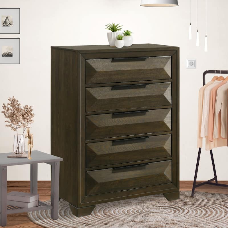 Boudin Walnut Solid Wood Modern 5-Drawer Geometric Bedroom Chest - Walnut