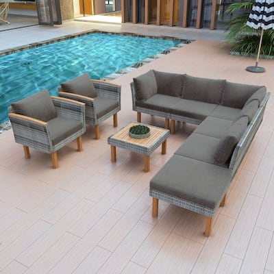 9-Piece Patio Rattan Furniture Set, Outdoor Conversation Set With Acacia Wood Legs and Tabletop