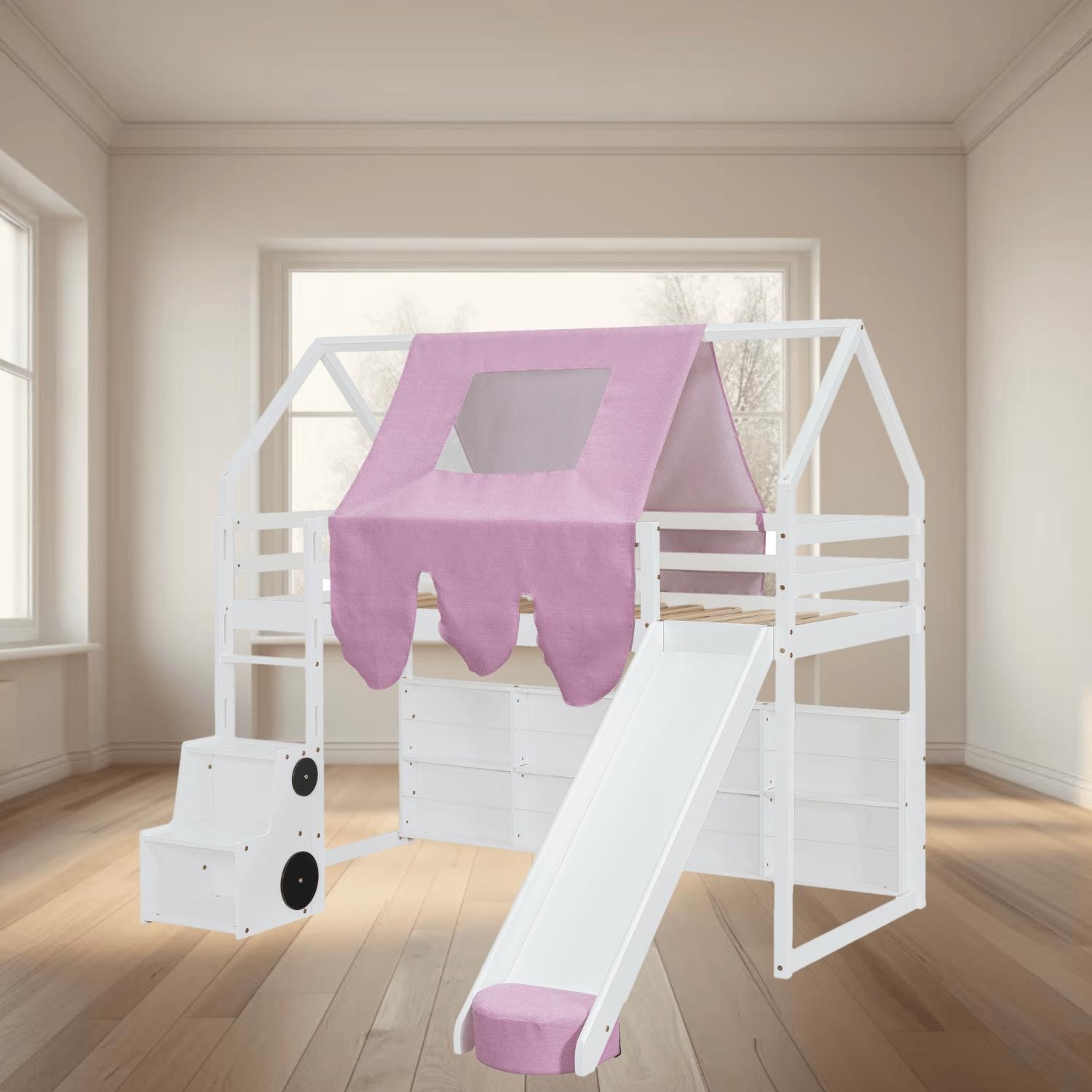 Twin Size Wooden Loft Bed with House-Shaped Frame, Slide, Tent, and Storage Shelves, Fun and Functional for Kids Bedroom