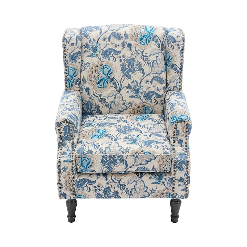 Traditional Floral Patterned Wingback Armchair with Nailhead Trim