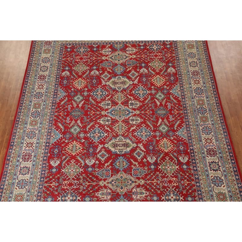 Traditional Red Geometric Kazak Oriental Area Rug Handmade Wool Carpet - 9'6"x 12'10"