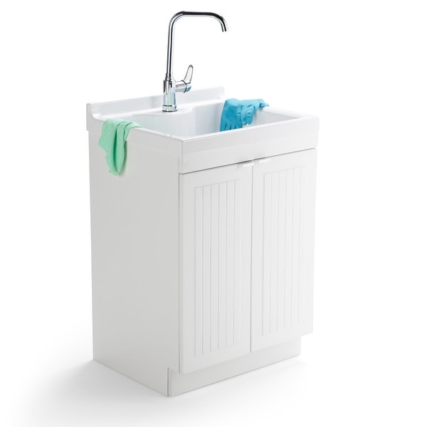 WYNDENHALL Bishop Traditional 24 inch Laundry Cabinet with Faucet and ABS Sink - 24'' W x 47.8'' H x 20.5'' D. Opens flyout.