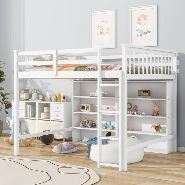 slide 2 of 12, Full Loft Bed with 8 Open Storage Shelves, White Storage-Loftbed Frame w/ Safety Guardrail, Built-in Ladder, Wood Slats Support White - Full