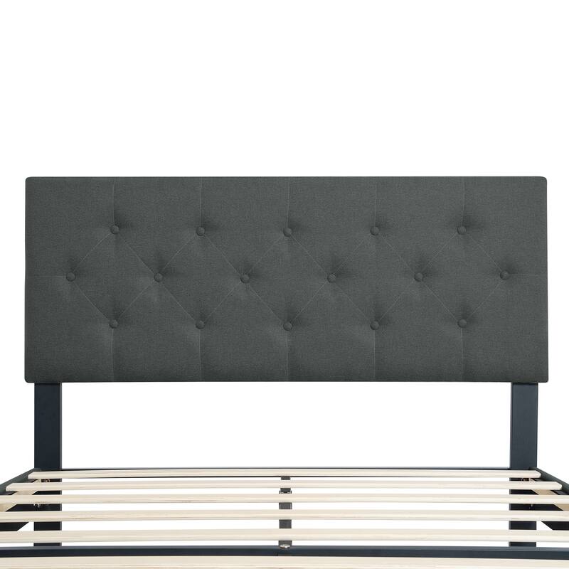 Upholstered Platform Bed Frame with Button Tufted Linen Fabric Headboard