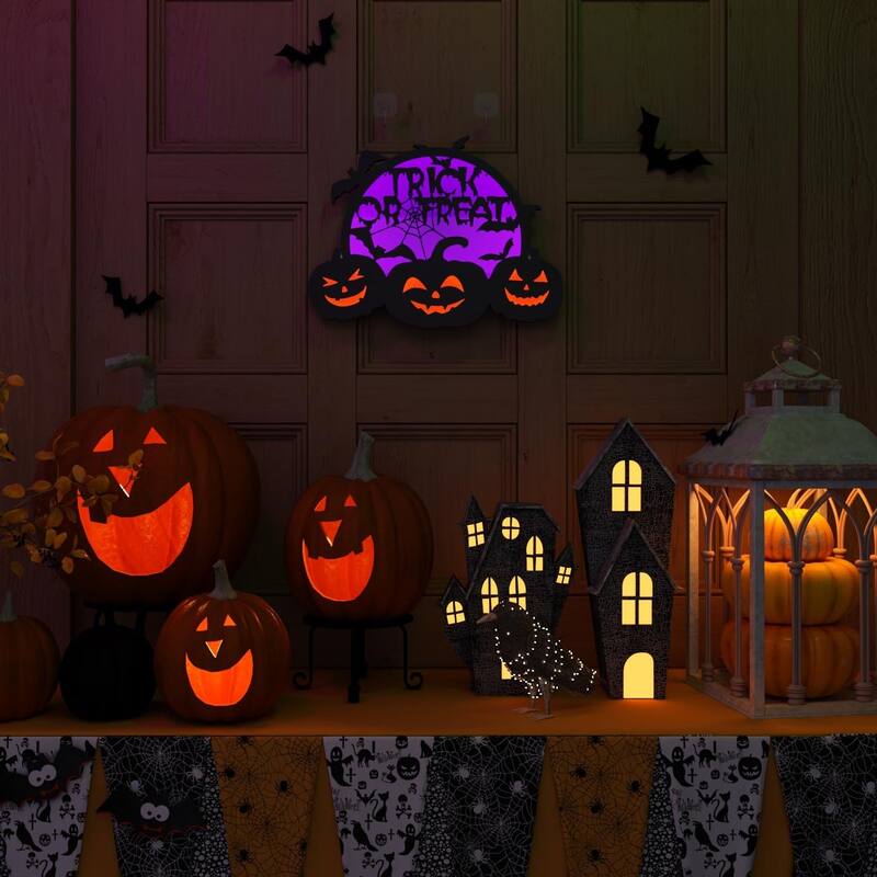 2D LED Pumpkin & Bat Motif Light, 14" Battery/USB-Powered Halloween Silhouette