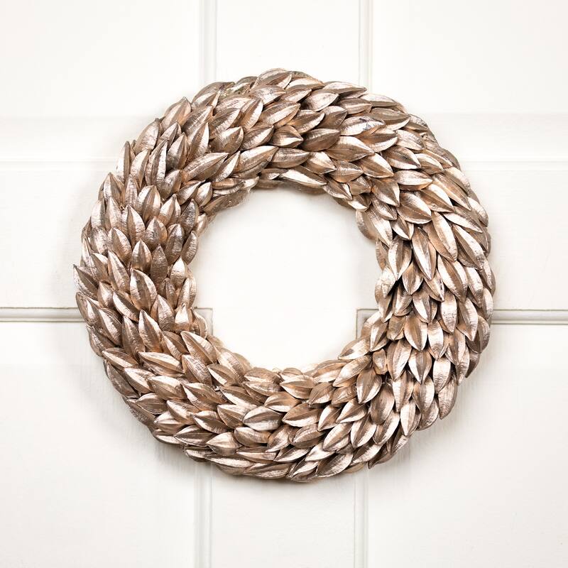 Champagne Gold Budding Leaves Glitter Christmas Wreath, 11.5", Unlit