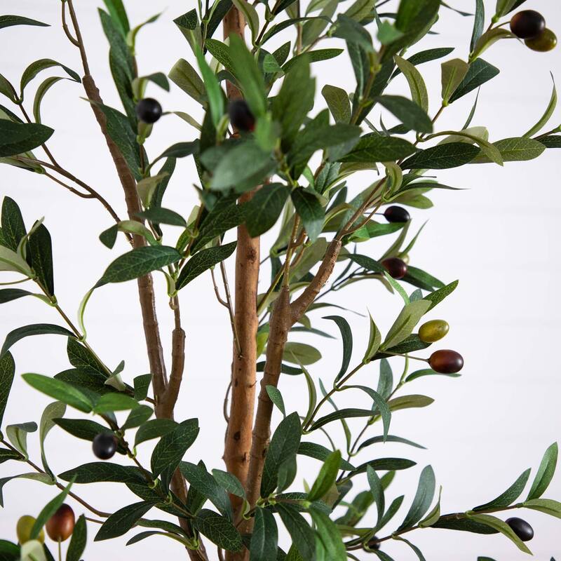 7' Artificial Olive Tree with Natural Trunk and Handmade Jute Basket - Green