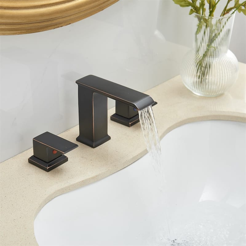 Waterfall Widespread Bathroom Faucet With Drain Assembly 3 Hole Bathroom Sink Faucets Double Handle 8 Inch Basin Vanity Taps