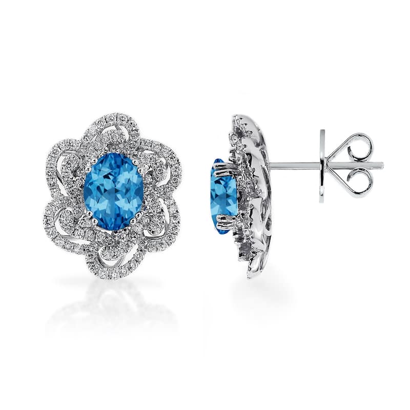 Auriya 3 1/5ct Fancy Oval-cut Blue Topaz Halo Diamond Stud Earrings 9/10ctw 18k Gold