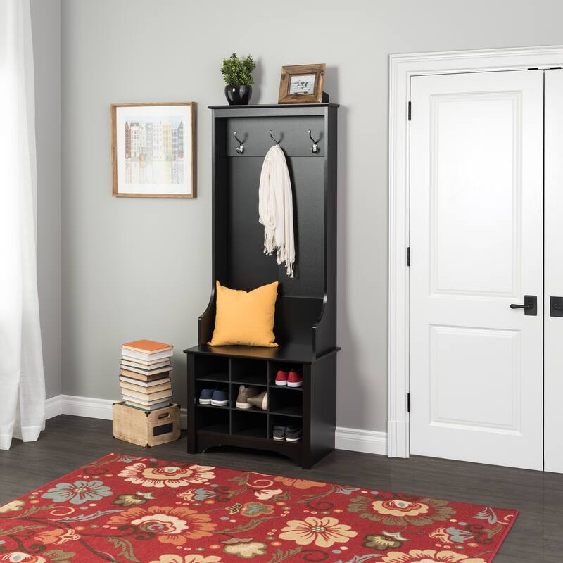 Prepac Hall Tree with Bench and Shoe Storage, Mudroom Bench with Storage and Hooks - 27" Narrow Hall Tree with 9 Shoe Cubbies - durable black