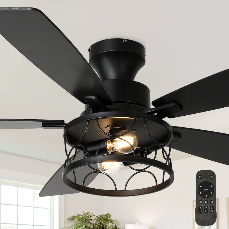 Cusp Barn 52 Inch Farmhouse Flush Mount Ceiling Fan with Lights and Remote, Industrial Low Profile Black Caged Ceiling Fan