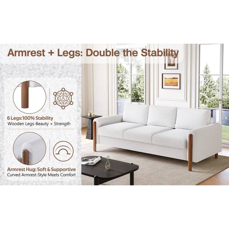 Teddy Velvet Fabric 3 Seater Sofa, Upholstered Sofa with Curved Armrest, Lounge Sofa Chair with Solid Wood Legs